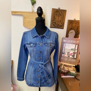 Beta House Belted Classic Denim Jacket Button Up Retro Boho Hippie Stretch MED